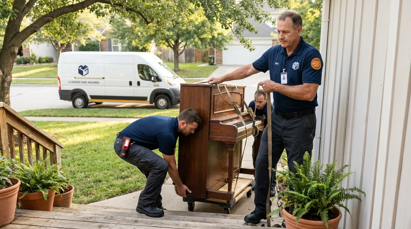 Licensed piano movers securing grand piano in Toledo, IL