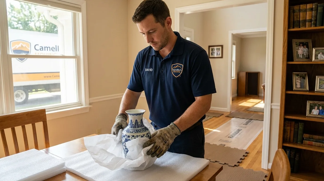 Professional crew carefully wrapping antique vase for senior downsizing move in Toledo, IL